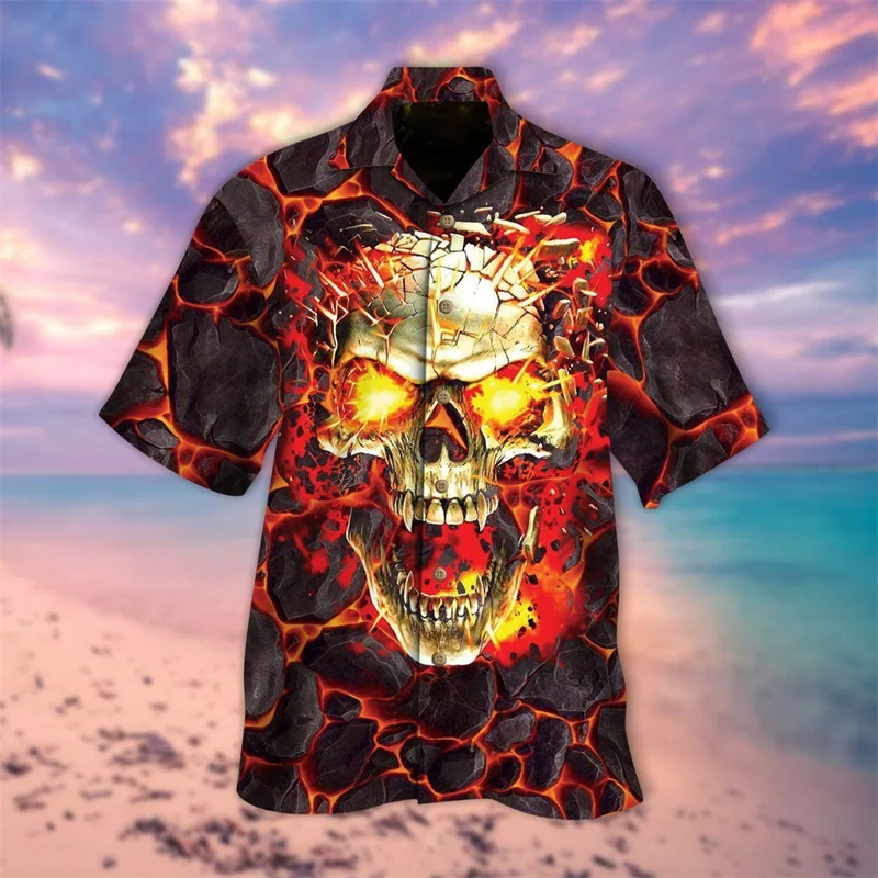 Mens Skull Print Shirt Halloween Cuban Neck Shirt Men\'s Fashion Terror Clothing Holiday Party Casual Top Mens Short Sleeve Shirt