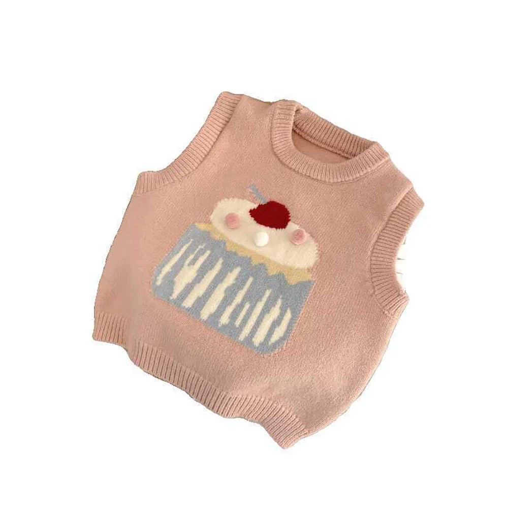 Cute Baby Girls Knitted Vest Spring Autumn Cartoon Cake Sleeveless Pullover Sweaters Tops Kids Girl Waistcoat Children Clothes