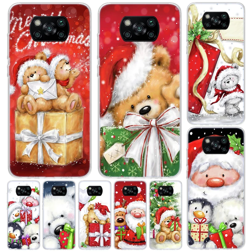 Happy Christmas Cute Bear Gift Cover For Xiaomi Poco X6 X5 Pro X4 Gt X3 Nfc F6 Phone Case F5 F4 F3 F2 F1 M5S M4 M3 Print Shell H