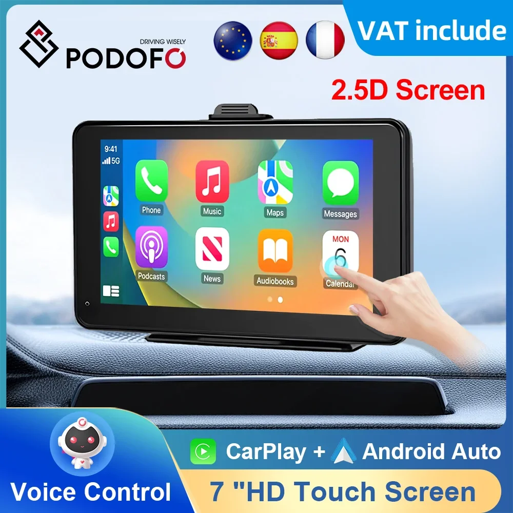 Podofo 7'' Car Radio Portable Smart Player Wireless Carplay Android Auto Monitor Bluetooth FM AUX For Universal Nissan Toyota