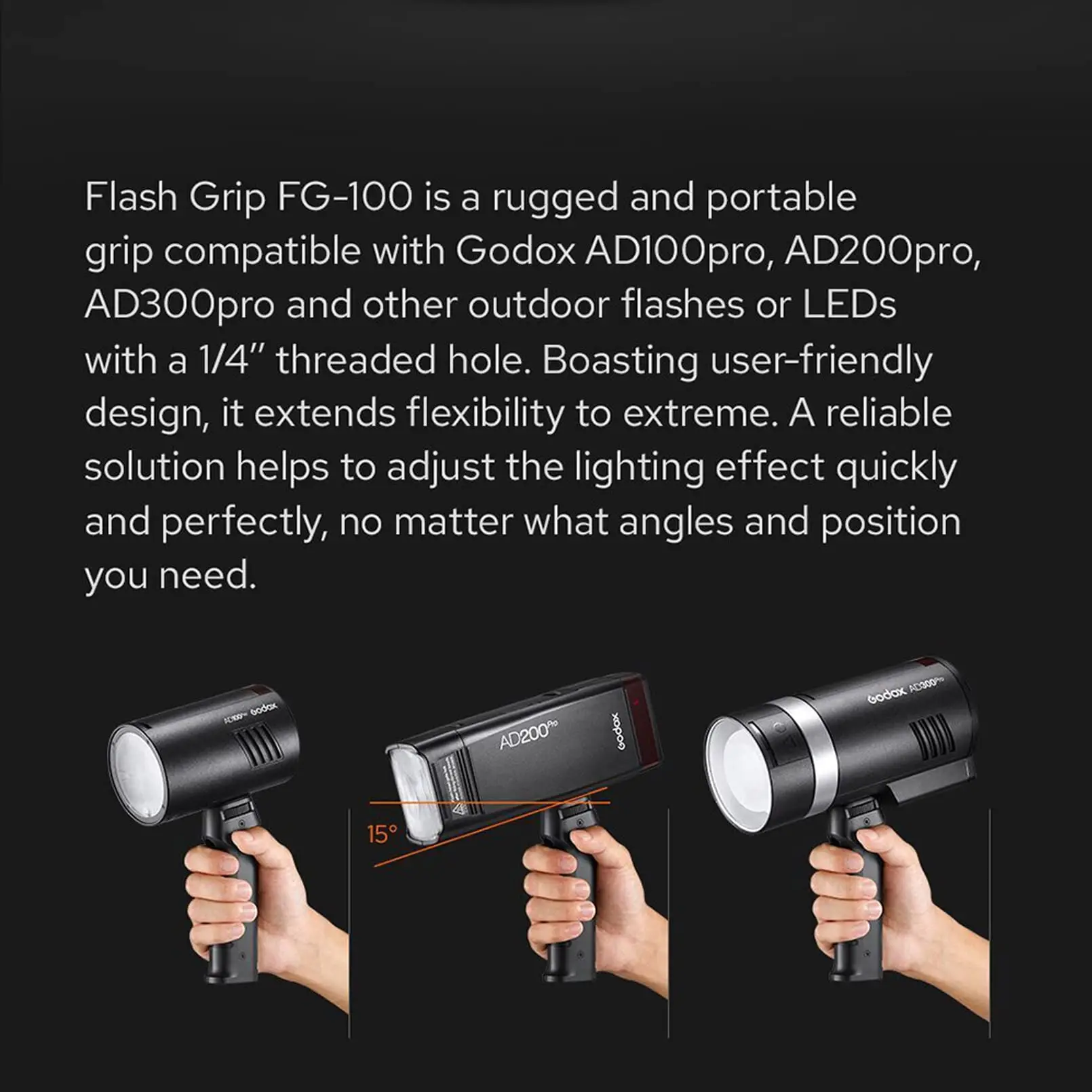 Godox FG-100 Flash Grip Przenośny Uchwyt z Głowicą Mocującą 1/4" do Lamp Błyskowych Godox AD200 Pro II AD300 Pro do Użytku Zewnętrznego — zdjęcie produktu 5