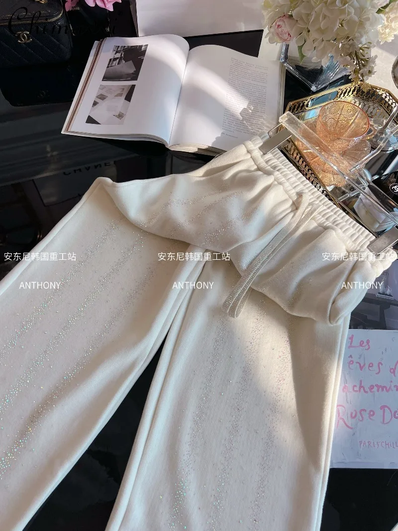 

Heavy Rhinestone Fleece-lined Casual Pants Women Winter New Fashion Elastic Waist Thickened Straight-leg Pants Long Pants