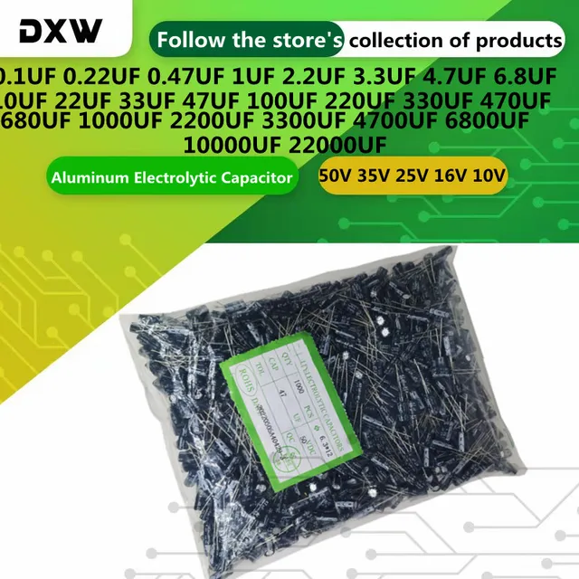 Aluminiowy kondensator elektrolityczny 2.2 3.3 4.76.8 10 22 33 47 100 220 330 470 680 1000 2200 3300 4700 10000UF 50V 35V 25V 16V 10V