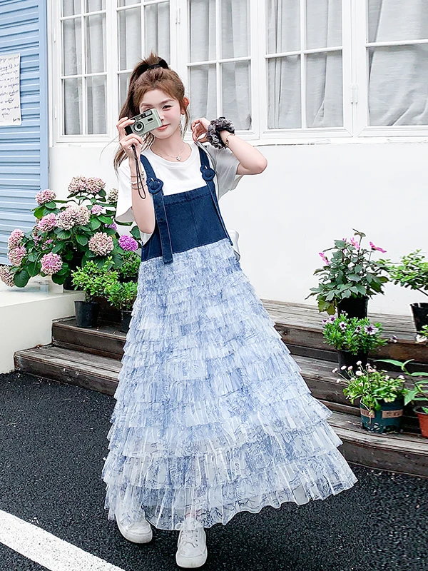 Vestido Longo de Verão F em Jeans Azul com Patchwork Floral, Design de Saia em Camadas, Estilo Coreano, Vestido Solto ...