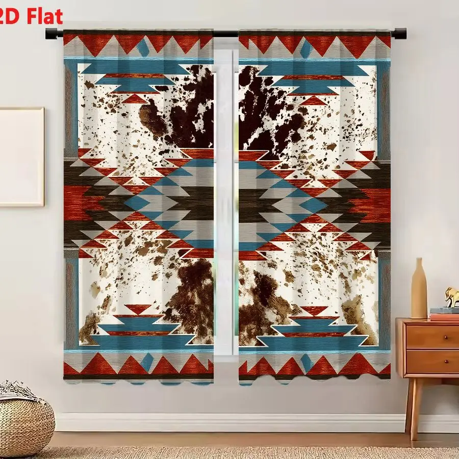 2Pcs Curtains 2D Flat Southwestern Geometric Art With Earthy Tones And Abstract Brown Splotches Window Drapes for Bedroom Room D