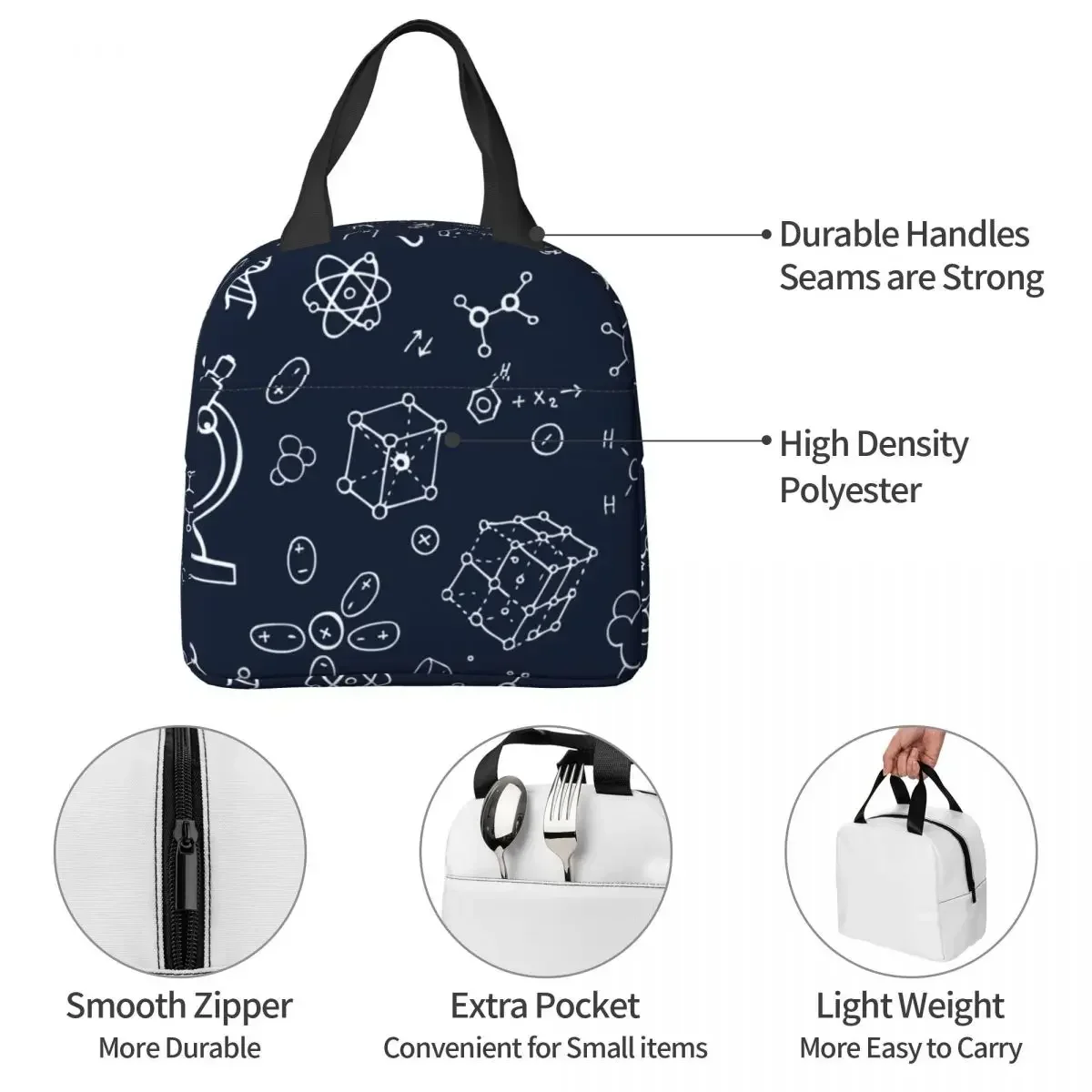 Science Chemistry Pattern Lunch Bags Portable Insulated Canvas Cooler Thermal Picnic Tote for Women Girl