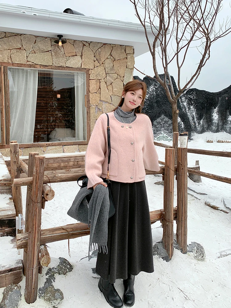 

Розовое двустороннее шерстяное пальто женское, короткое, с круглым вырезом, качественная верхняя одежда, корейская версия Yang PaoPao, приталенное, с длинными рукавами