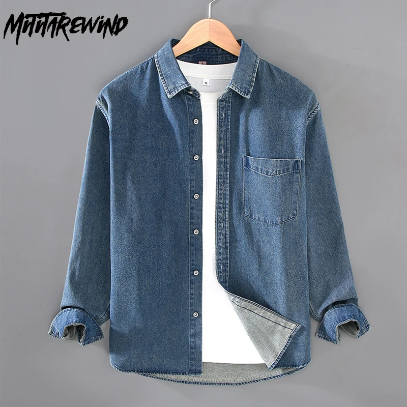 

American Retro Blue Denim Shirt Men Spring Fall Causal Workwear Top Simple Lapel Pocket Loose Jean Shirts Male 2024 New Clothing