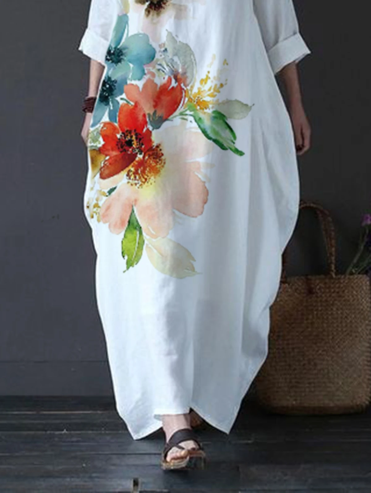 Women Long Maxi Dresses Plus Size White Floral Print Large Loose Cotton Linen Dress Summer New Straight Vestidos Female