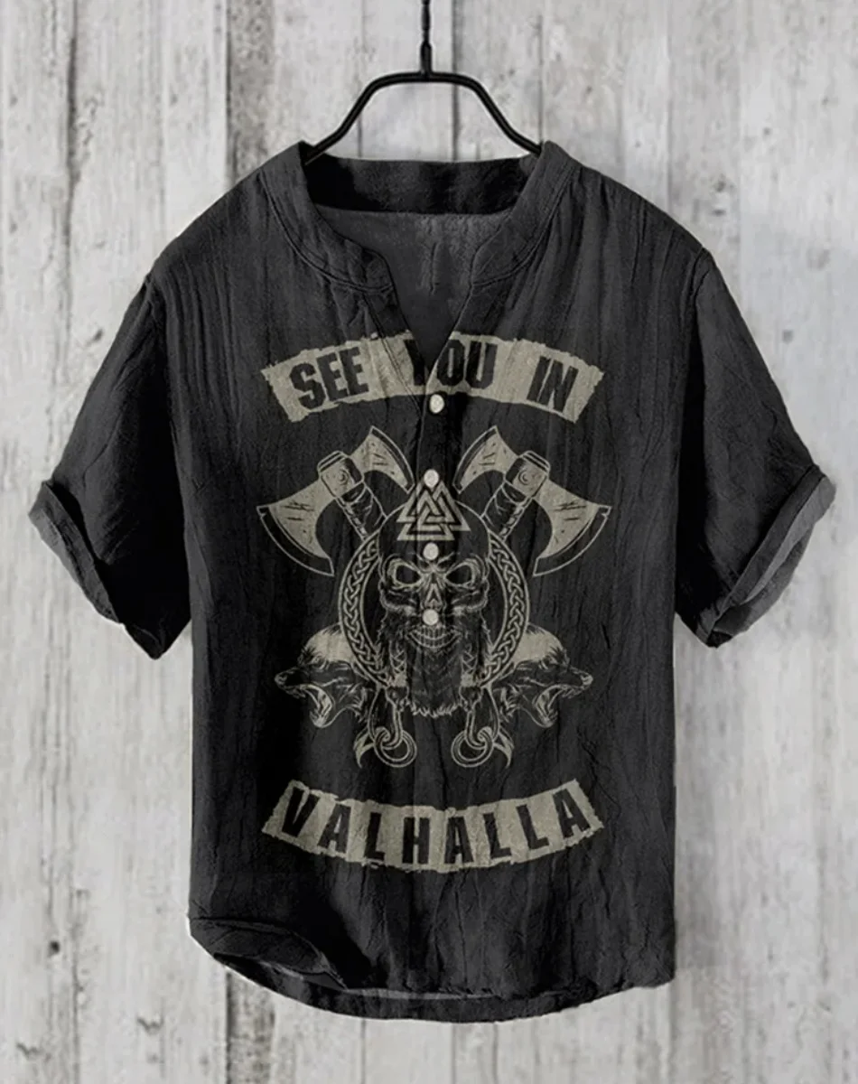 Men's Shirt National Style 3D Printing Viking Men's Fashion Plus Size Button Stand Collar Short Sleeve T-Shirt Men's T-Shirt Top