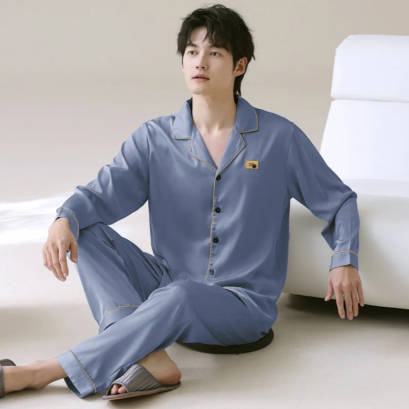 

Korean Fashion Home Clothes for Men Spring Ice Silk Sleepwear Male Long Sleeve Cardigan Pijamas Hombre Big Size L-4XL Lounge Set