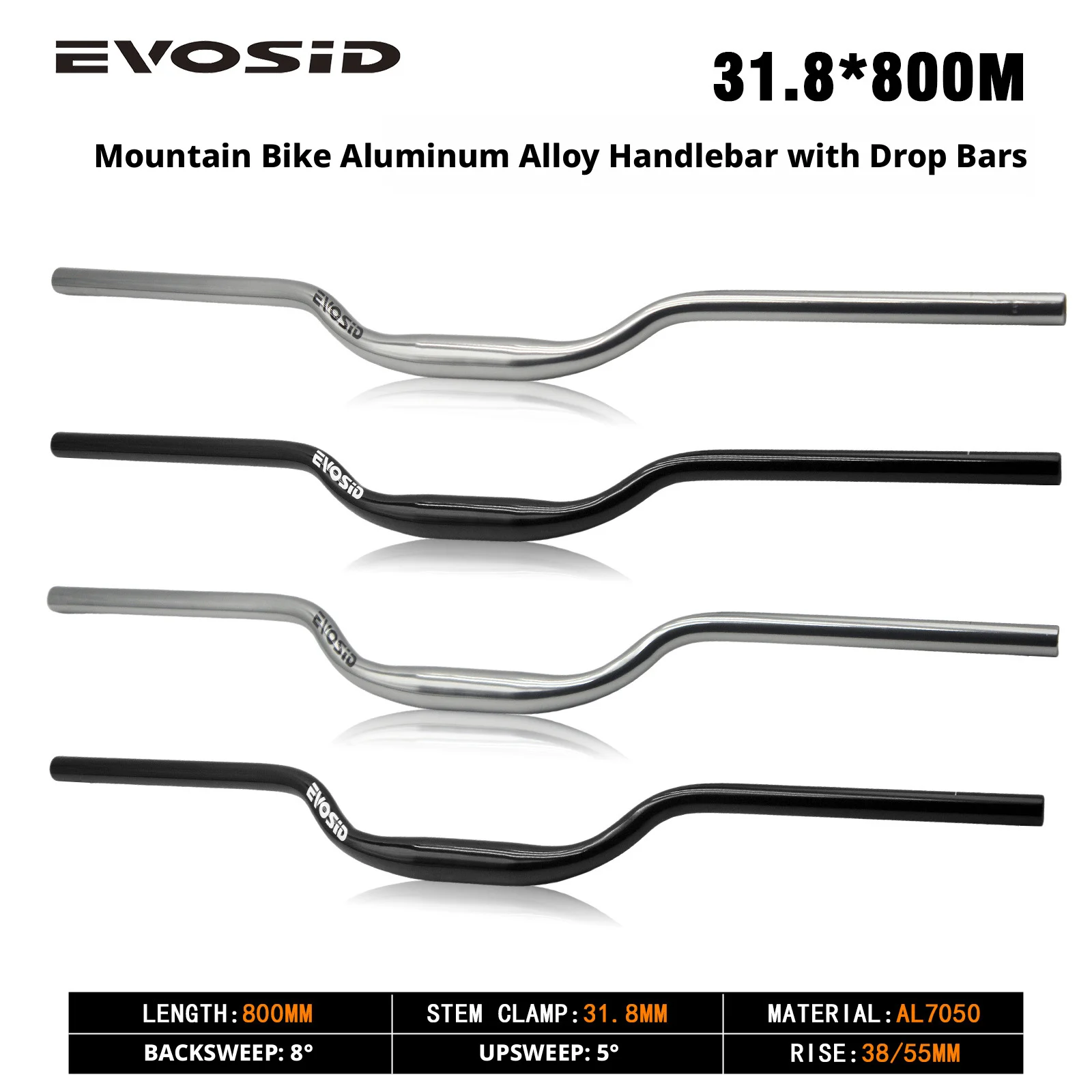 

Bike Handlebar Swallow-shaped 31.8*800mm Length 7050 Aluminum Alloy Horizontal Extended Raised 38/55mm Handlebar For MTB Cycling