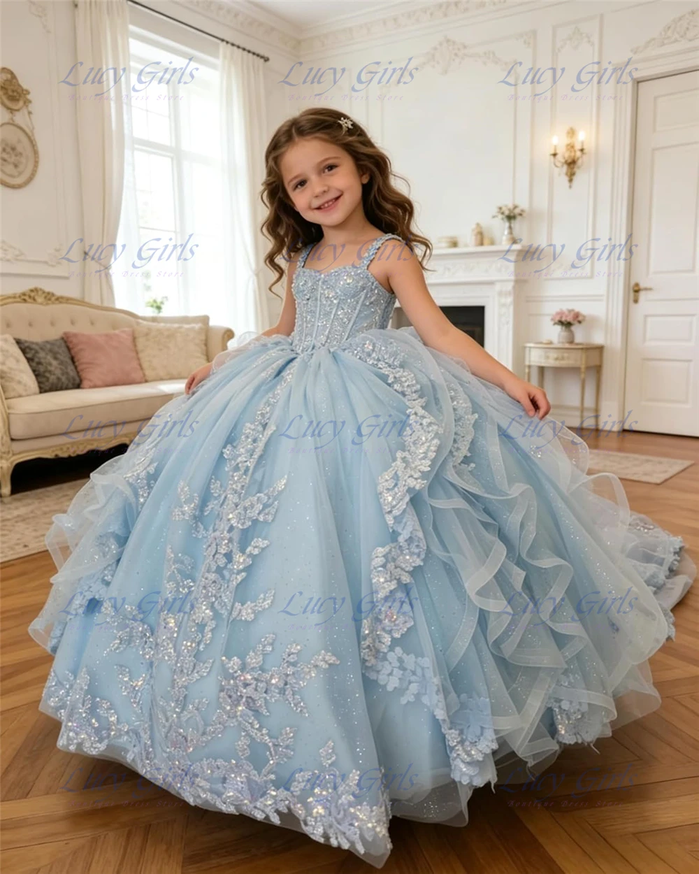 Luxury Flower Girl Dress Lace Applique with Ruffles Sequin Girls Pageant Dresses Layered Ball Gown Dress for Girls with Bow image 4