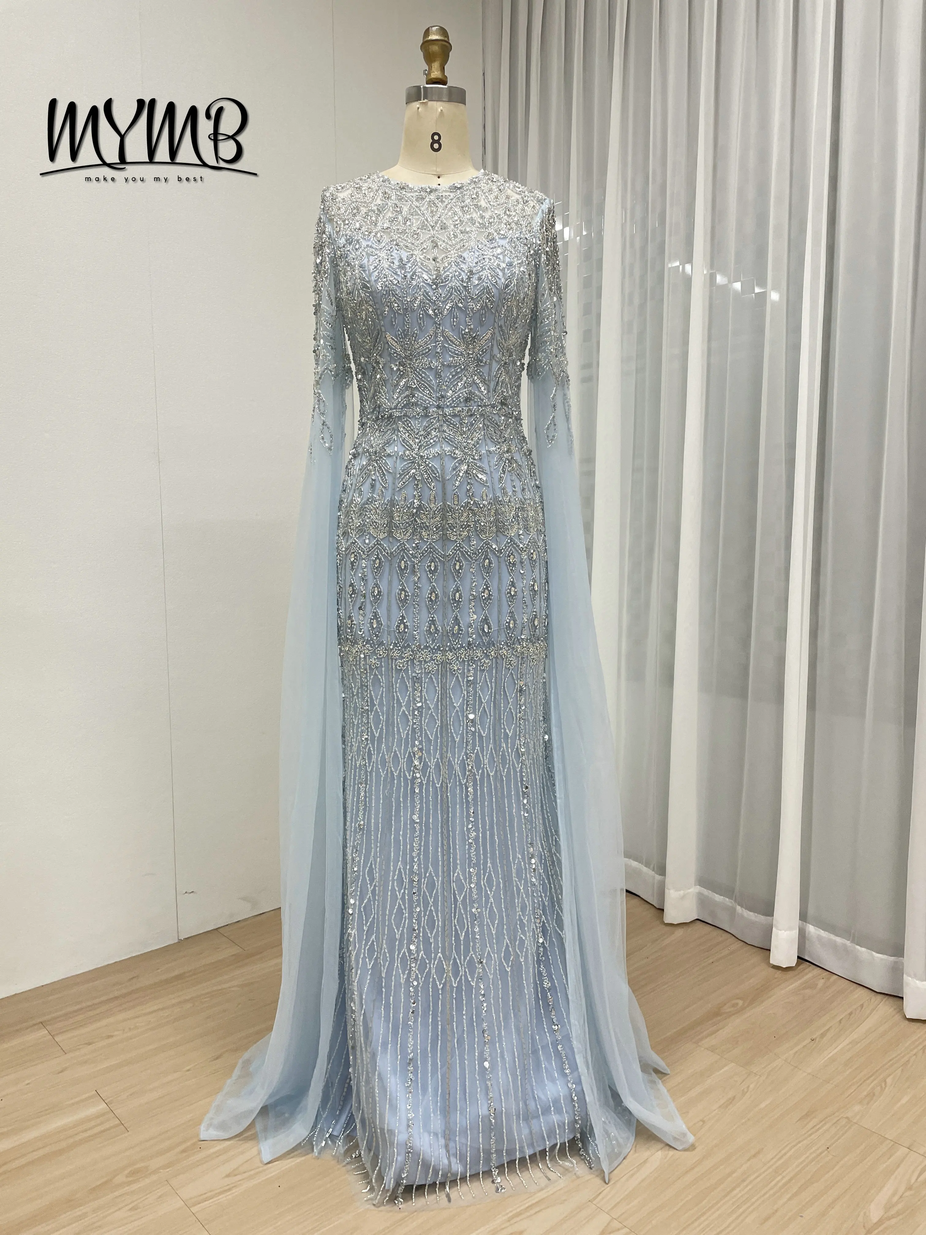 MYMB Luxe Formele Dubai Zeemeermin Arabische Elegante Avondjurk voor Vrouwen Blauwe Cape Mouwen Kralen Lang voor Bruiloft MC20103