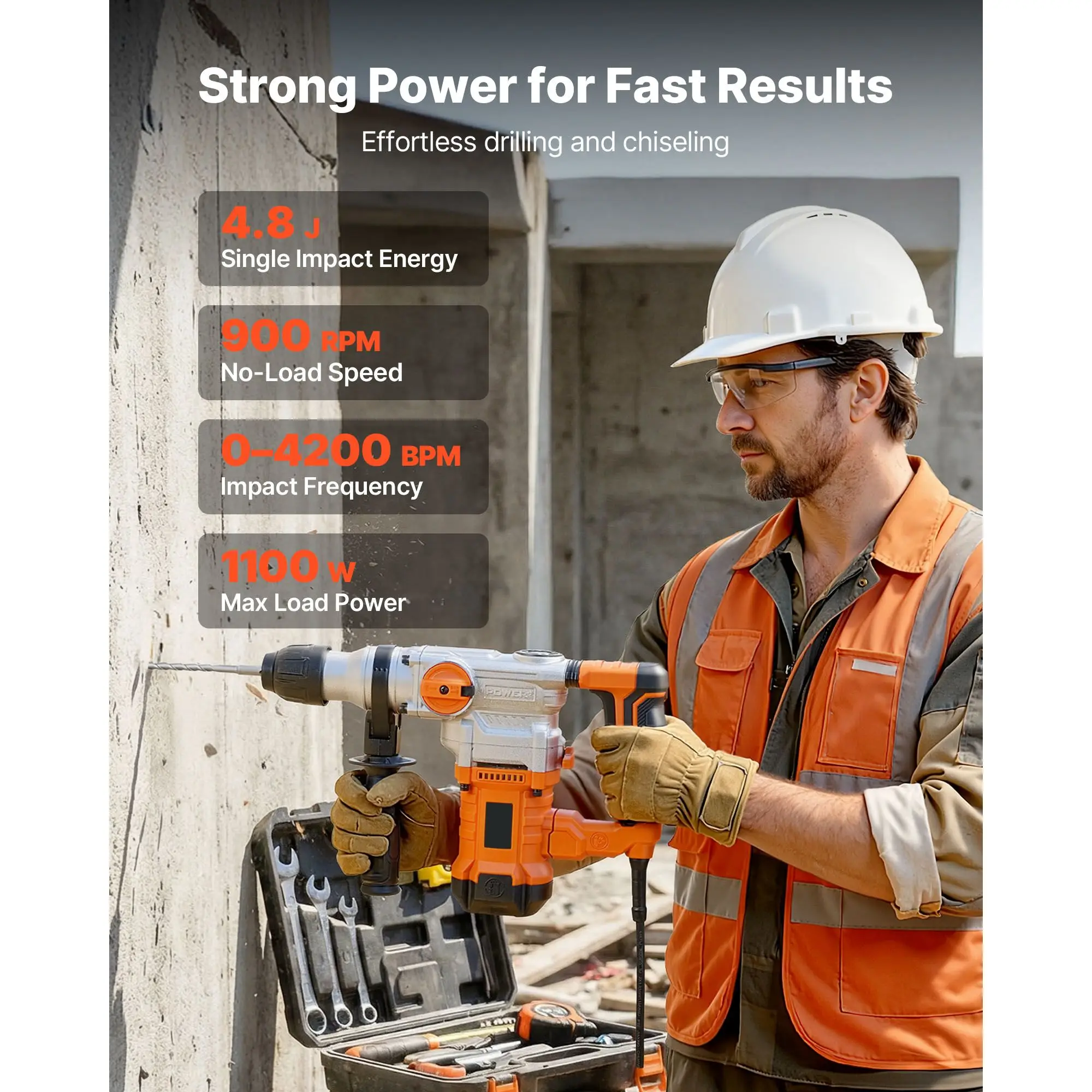 Rotary Hammer Drill, 1-1/8 in SDS-Plus Electric Corded Heavy Duty, Including 3 Bits, Flat Chisel, Pointed, Grease, Brush, and