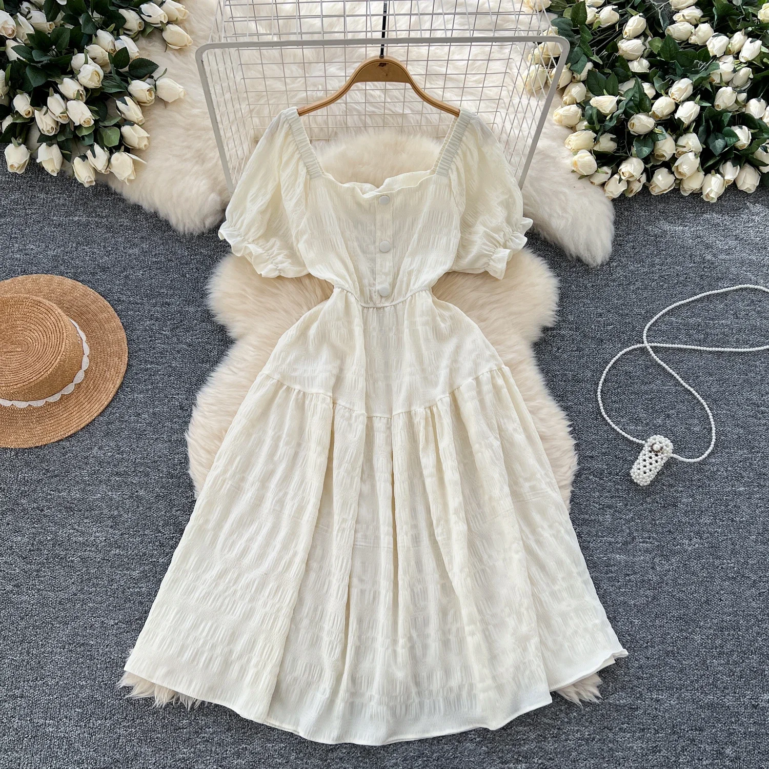 Chic Square Collar Vintage Short Puff Sleeve Elegant Pleated A-line Dresses French Fashion Evening High Street Summer Clothing