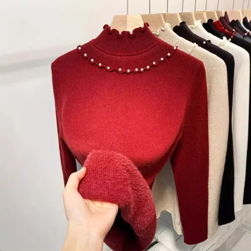 Autumn Winter Warm Sweater Pullover Women Slim Thicken Plush Velvet Lined Knitwear Jumper Korean Half Turtleneck Soft Knit Tops