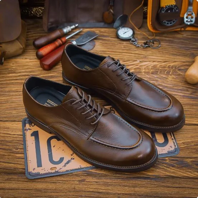 New Lace-up Business Men Casual Leather Dress Shoes Korean Style Genuine Leather Derby Shoes Breathable Male Office Shoes