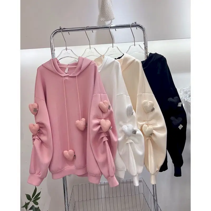 Sweat à capuche tendance automne hiver pour femmes, mignon, haut en trois dimensions, décoration douce, manteau décontracté, ample, Kawaii