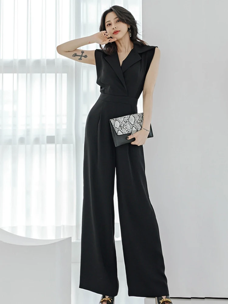 

Summer One Piece Jumpsuits Elegant Women Blazer Formal Sleeveless Party Mujer High Waist Wide Leg Loose Rompers Street Clothes