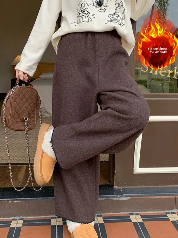 

Женские осенне-зимние однотонные повседневные твидовые брюки больших размеров на подкладке с эластичной резинкой на талии, широкие утягивающие брюки с девятью точками