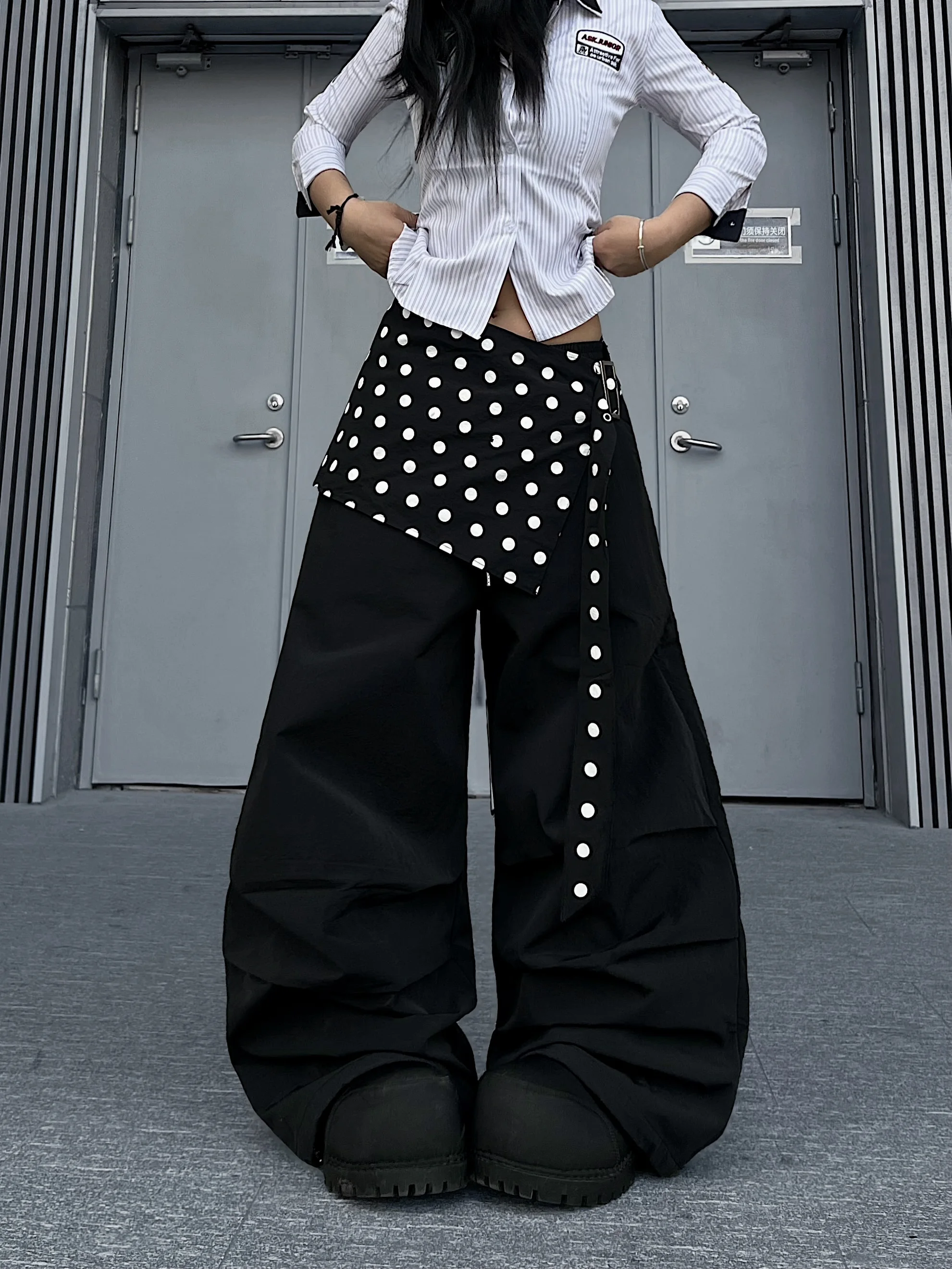 

American Sle Polka Dot Fce Lined Wide Leg Casual Pants Jazz Dance Curtain Layered Wear Trendy Loose Fit Straight Tube