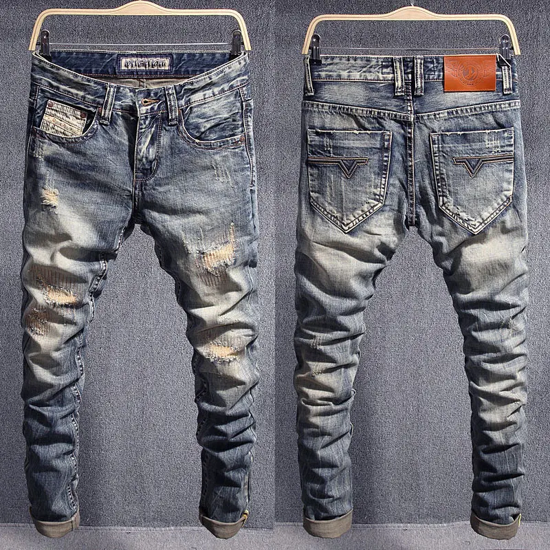 Italian Style Fashion Designer Men Jeans Retro Slim Fit Ripped Jeans Men Hole Trousers Patched Vintage Casual Denim Pants Hombre