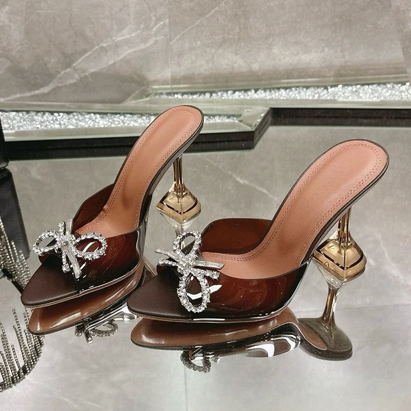 

Pointed Toe Peep Toe Thin High Heel Slippers Women Transparent PVC Rhinestone Bow-Knot Decor Sandals Summer Sexy Dress Shoes