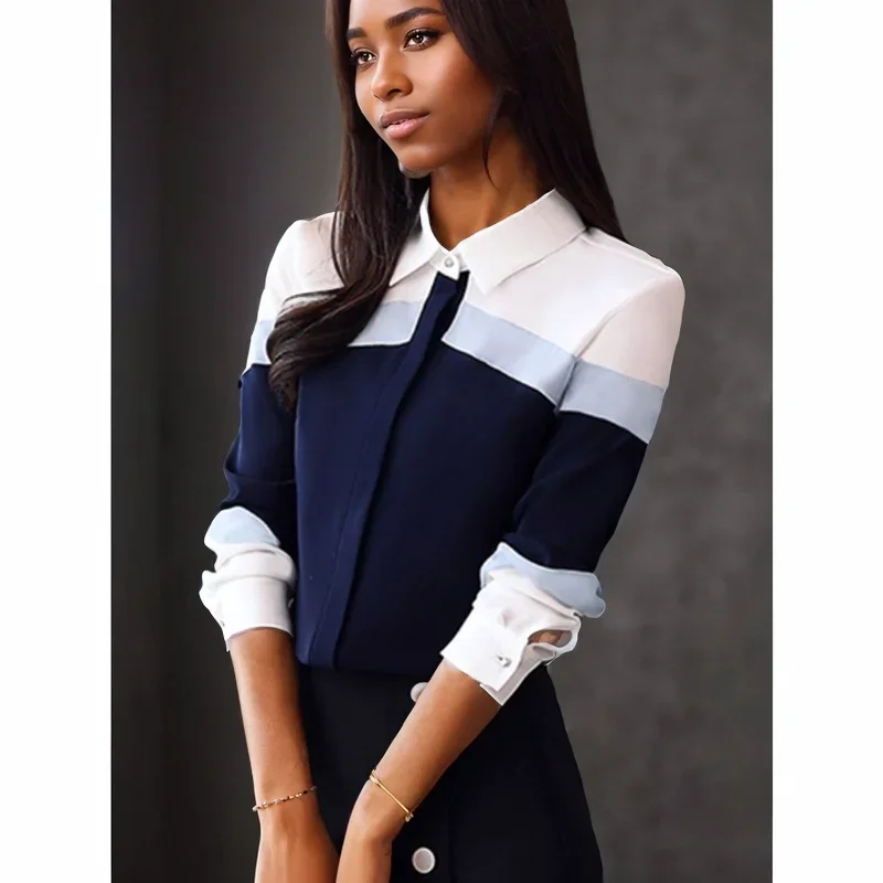 

GELITAYIN модная шифоновая блузка с длинным рукавом женская элегантная лоскутная офисная женская рубашка повседневные топы с отложным воротником в полоску сгусток