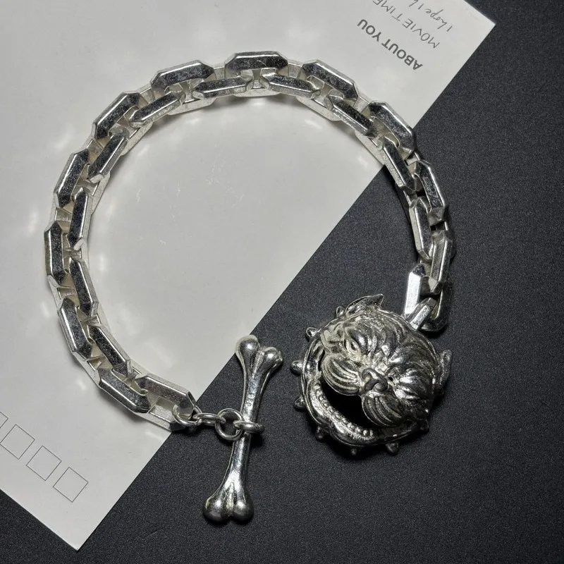 Vintage Carved Silver Men's Bracelet, Exquisite Ferocious Dog Punk Bracelet, Stylish High Quality Fashion Jewelry Gift for Men