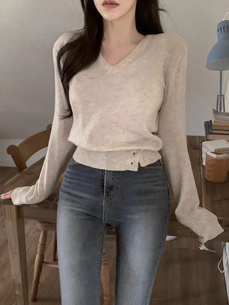 

Chic Autumnal Vintage ort Sve Knitted Sweater Women's Sle V-Ne Side Button Design Casual Versatile Long Sve Knitwear