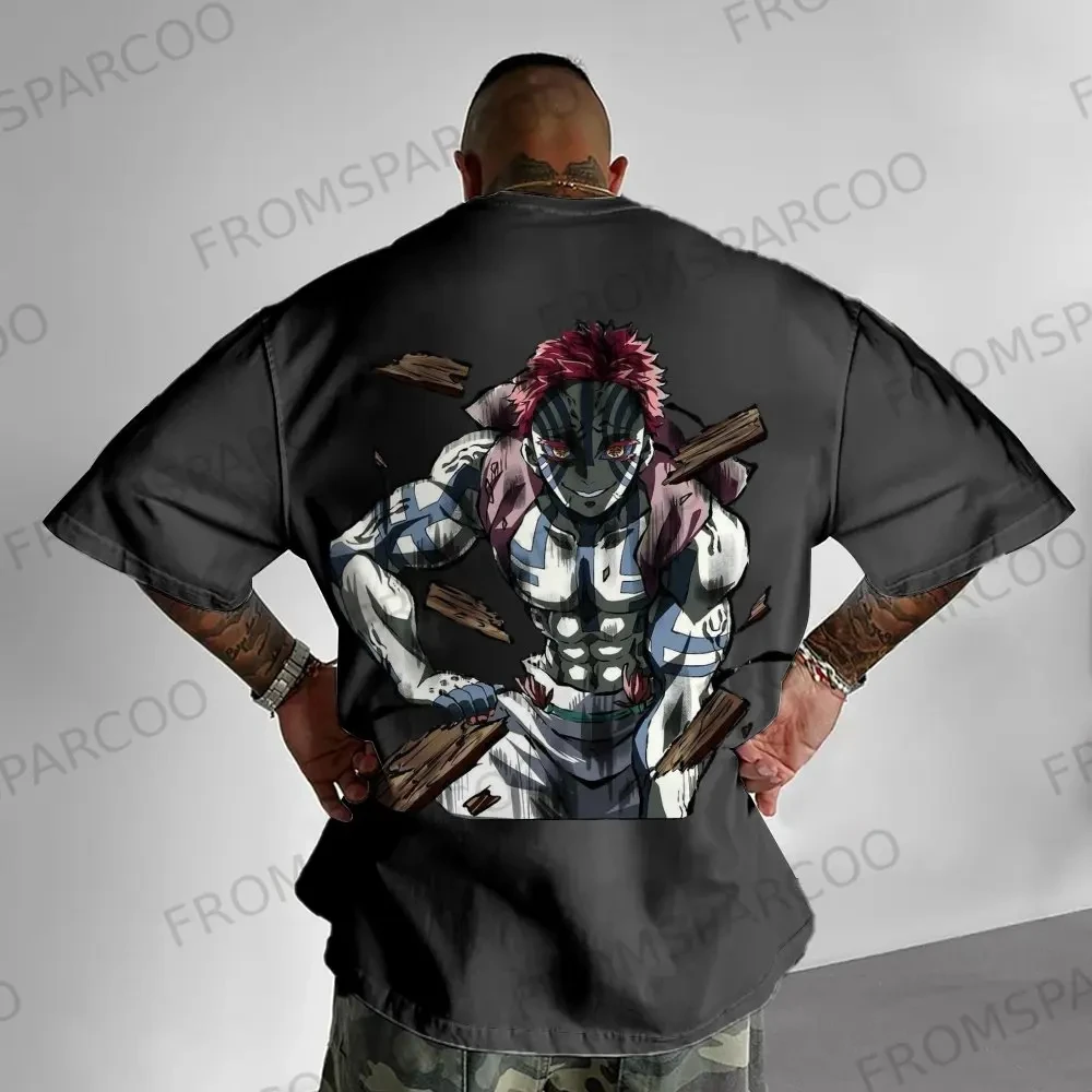 Demon Slayer T Shirt Black Cotton Short Sleeve Tops Uzui Tengen Back Print Pink Hair White Skin Design for Men 2025 Summer
