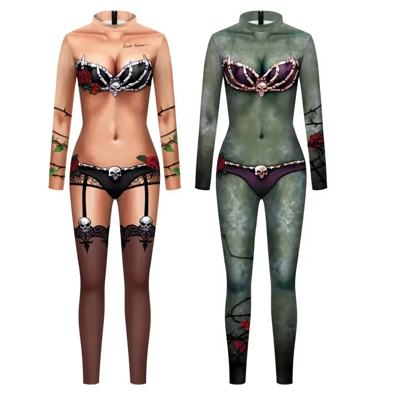 

l2025l Halloween Halloween Cosplay Costumes for Women Bodysuit Horror Printed Party Dress Up Outfit Zentai Jumpsuit Slim Suit