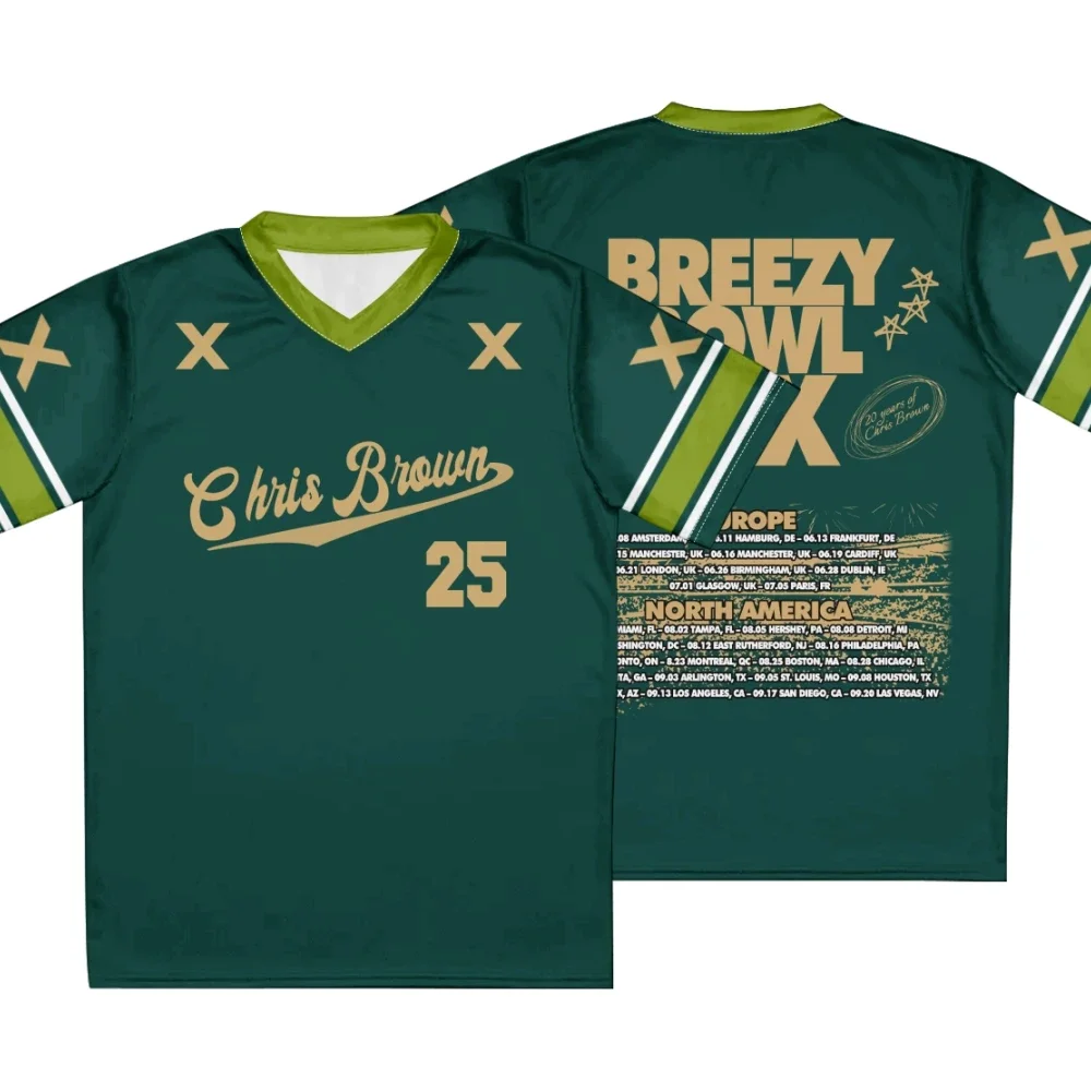 

Chris Brown Breezy Bowl XX Tour Football Jersey Y2k T-shirts Short Sleeve V-neck Jersey Men/women Hip Hop Sportwear Tops