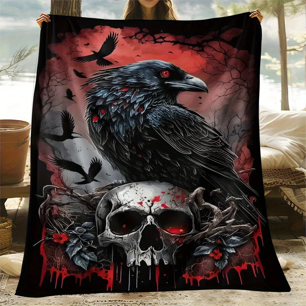 

1pc Gothic Raven and Skull Throw Blanket - Soft Flannel Dark Gothic Decor with Crowns, All-Season Cozy Blanket for Bed, Couch, C
