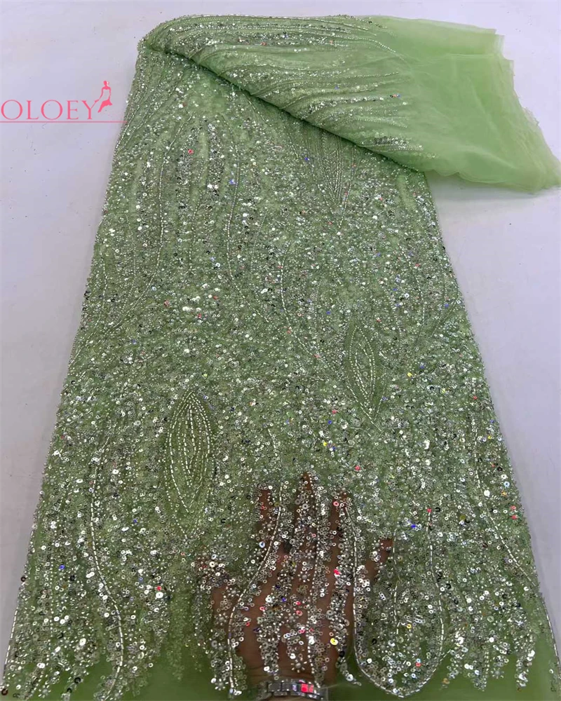 

OLOEY Luxury African Sequins Lace Fabrics High Quality Beads Embroidery French Nigerian Tulle Lace Fabric For Wedding Party