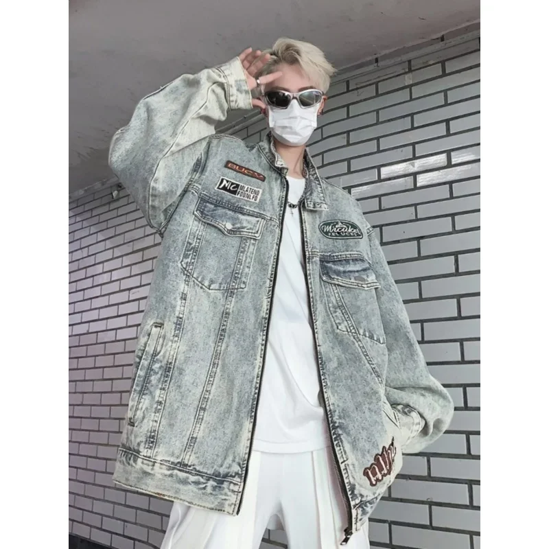 Man Women Denim Jacket Coat Spring Unisex High Street Stand Collar Padded Shoulder Design Cool Loose Casual Embroidered Washed