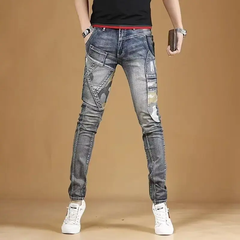 

Korean Popular Clothes 2025 Designer Patchwork Slim Jeans Pencil Pants Men Spring Autumn Casual Trousers Denim Men's Clothing