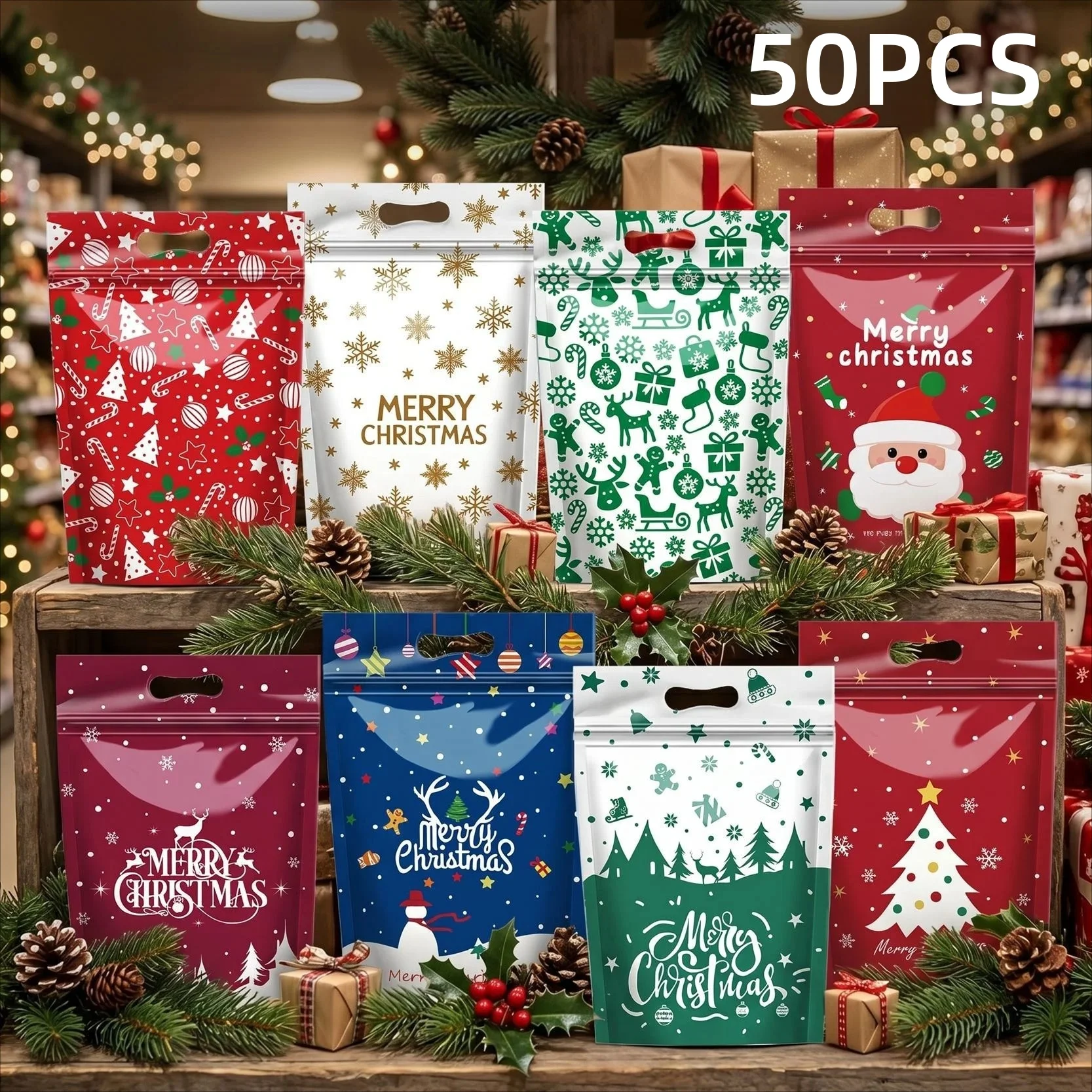 Xmas Food Snacks - 50 sacchetti con cerniera e manico,