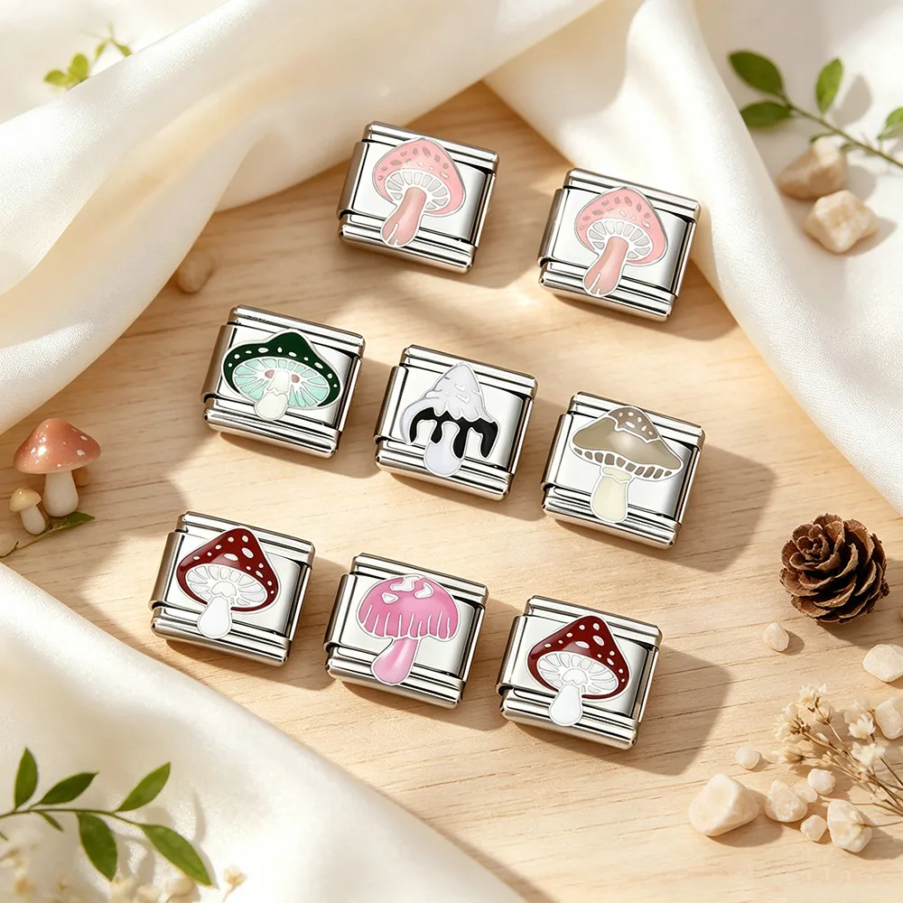 9mm Italienische Armband-Charms in Großpackung, Bunte Pilz-Edelstahlperlen für Damen-Schmuckzubehör, DIY-Bastelzubehör, Trendig – Detail 4