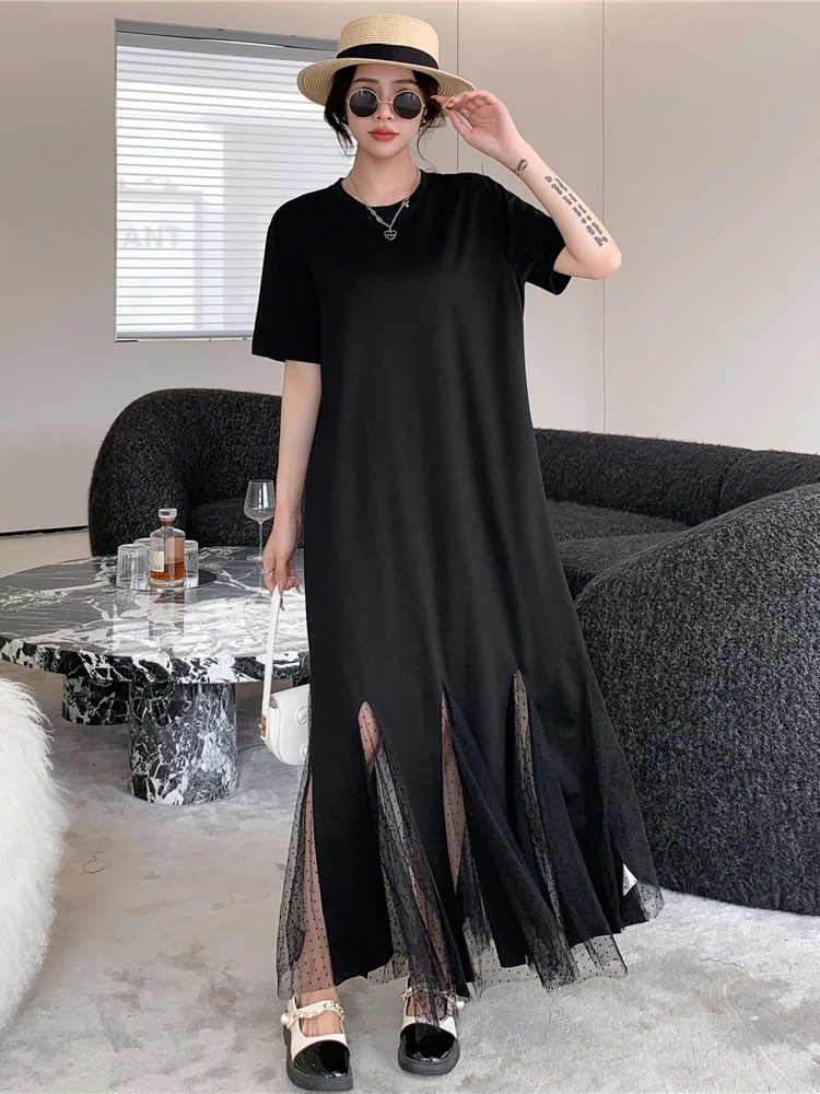 

NYFS Summer Dress 2025 Korea Style Women's Loose plus Size Short Sleeve Patchwork Mesh Fish Tail Long Dress Robe Elbise