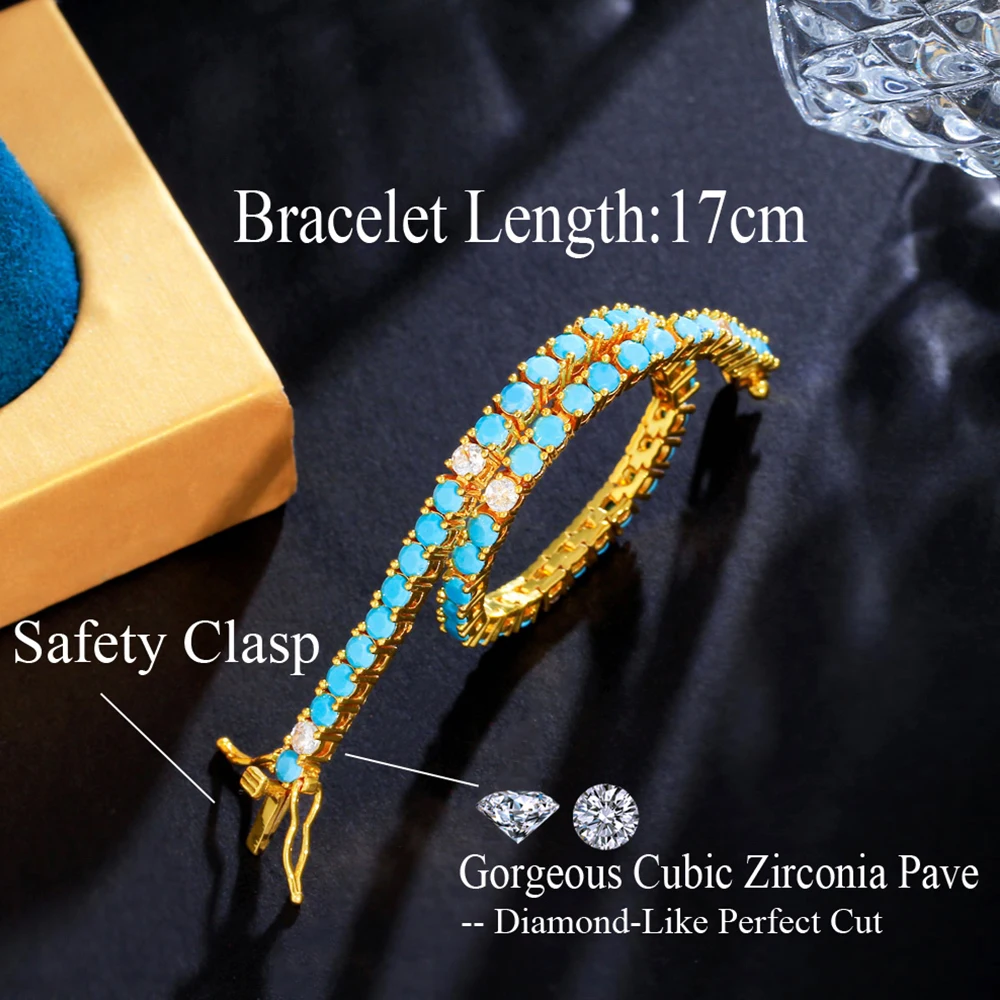 BeaQueen Trendy Tennis Link Chain Turquoise Bracelets with Round CZ Stones for Women Gold Plated Costume Jewelry Party Gift B271
