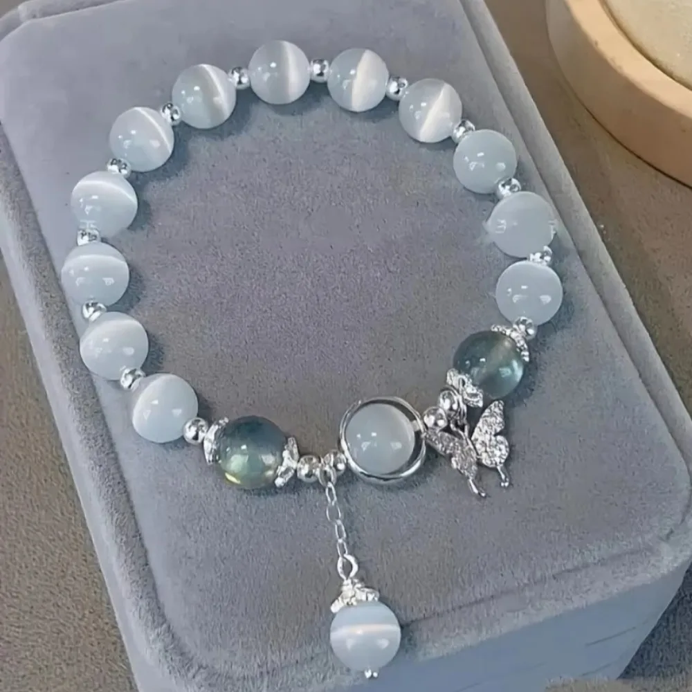 Blue Cat Eye Beaded Elastic Bracelet, Cute Butterfly Charm Opalite Moonstone Bracelet, Jewelry Gift for Teen Girls Best Friend