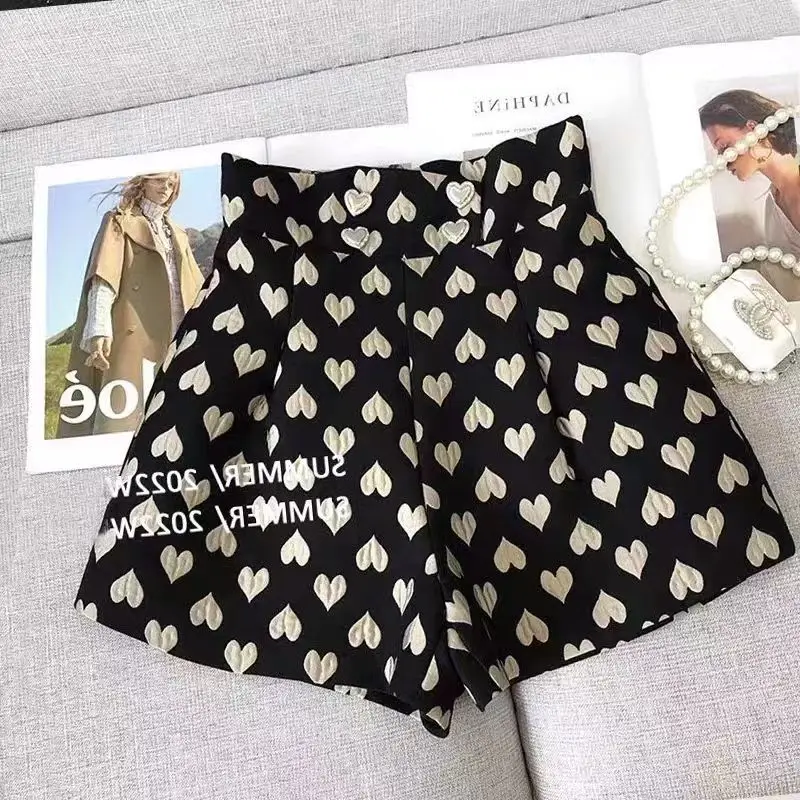 Damen Schwarze Gothic Shorts Y2k Herz Jacquard Hohe Taille Kurze Hosen Harajuku Ästhetische Vintage Shorts Emo 2000er Jahre Kleidung Sommer