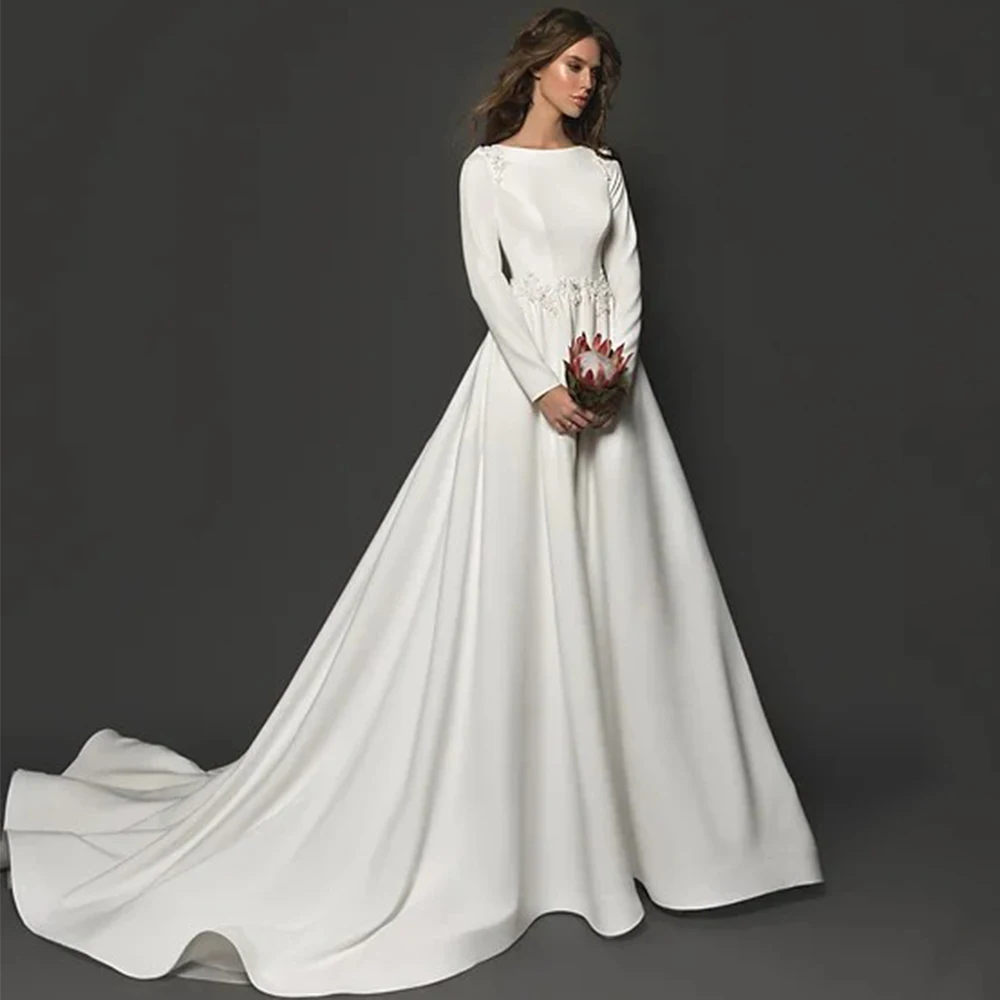 Modern Scoop Neck A-Line Wedding Dress Long Sleeves Jersey Floor Length with Court Train Illusion Back Bridal Buttons Gowns Robe