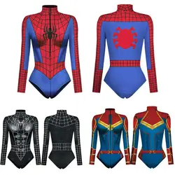 Women Spiderman Swimsuit Superhero Captain Marvel Bodysuit Anime Black Panther Cosplay Costume Long Sleeve Halloween Outfits