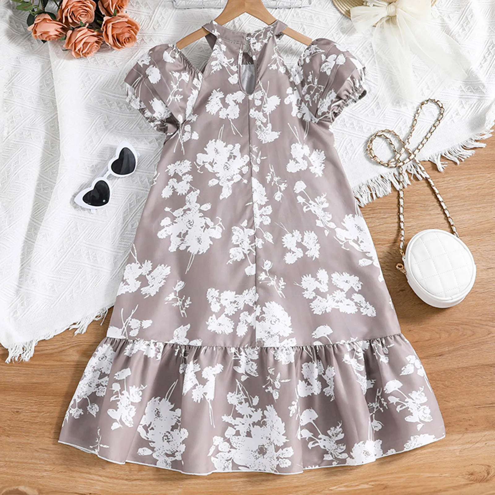 2025 Summer New Arrival Kids Girls Short Sleeve Print Floral Ruffles Dress Design Hollow Out Party Princess Dress Custume 8-10T