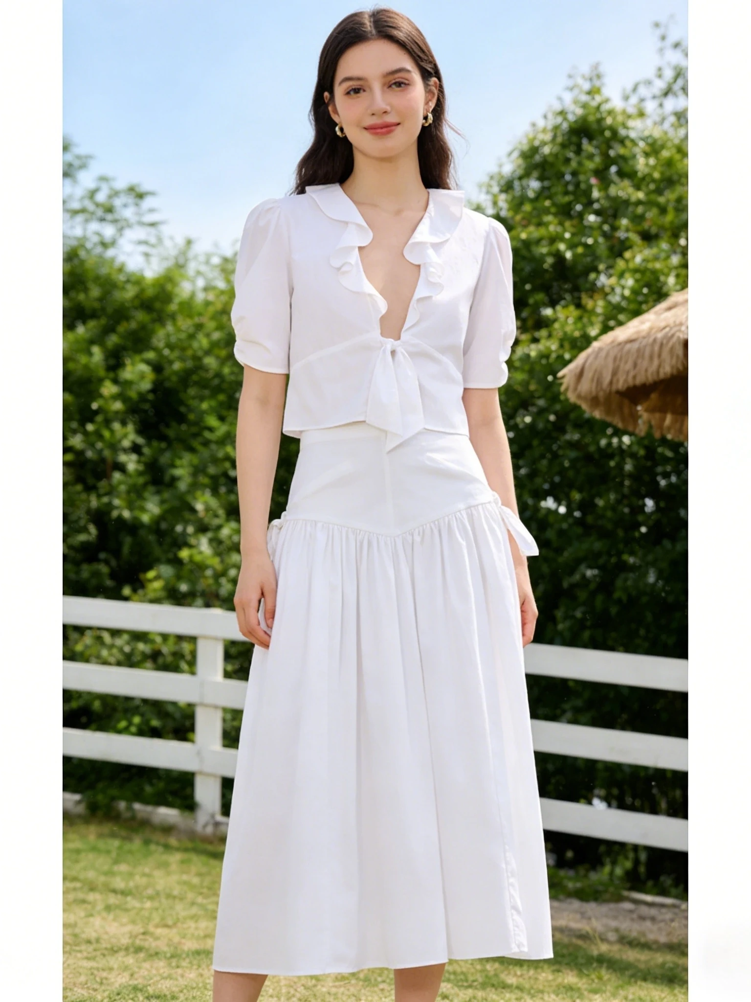 

S Gentle Style Short Shirt And Half-length Skirt Set with Pleated Bubble Sleeves Deep V-neck Puffy Sleeves Cotton Blend Summe...