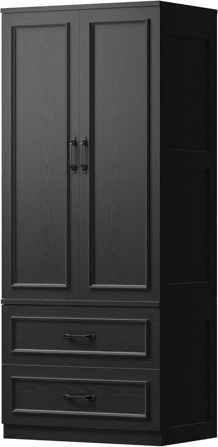 

Armoire Wardrobe Closet with 2 Doors and 2 Drawers 70" H x 28" W Wooden Bedroom Freestanding Wardrobe Combination, Black