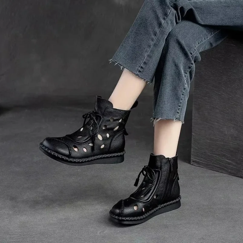 

2025 женские ботинки, мокасины на молнии, мягкие винтажные сандалии из натуральной кожи, дышащая летняя женская обувь до щиколотки